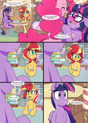 Size: 1000x1400 | Tagged: safe, artist:jase1505, derpibooru import, pinkie pie, sci-twi, sunset shimmer, twilight sparkle, twilight sparkle (alicorn), alicorn, earth pony, pony, unicorn, comic:night at the gala, series:sunlight horizons, comic, dancing, dialogue, female, mare, smiling, sugarcube corner, table, unicorn sci-twi