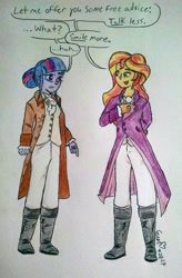 Size: 2432x3703 | Tagged: safe, artist:erenerakhard, derpibooru exclusive, sunset shimmer, twilight sparkle, equestria girls, aaron burr, aaron burr sir, alexander hamilton, clothes, hamilton, traditional art