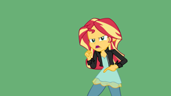 Size: 2560x1440 | Tagged: safe, artist:ngrycritic, sunset shimmer, equestria girls, clothes, female, green screen, jacket, just do it, leather jacket, looking at you, meme, motivational speech, open mouth, shia labeouf, solo, vector