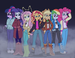 Size: 2400x1842 | Tagged: safe, artist:dnlnamek01, applejack, fluttershy, pinkie pie, rainbow dash, rarity, sci-twi, sunset shimmer, twilight sparkle, equestria girls, clothes, converse, group, pants, shoes, sneakers