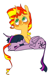 Size: 978x1507 | Tagged: safe, artist:pizzakladd, sunset shimmer, twilight sparkle, twilight sparkle (alicorn), alicorn, curved horn, cute, eyes closed, female, lesbian, prone, shipping, simple background, sleeping, snuggling, sunsetsparkle, transparent background, twiabetes