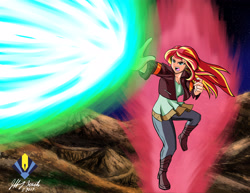 Size: 3850x2975 | Tagged: safe, artist:penspark, sunset shimmer, human, aura, clothes, commission, crossover, dragon ball, dragon ball z, humanized, kaio-ken, kamehameha, one-handed kamehameha, solo