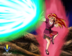 Size: 3850x2975 | Tagged: safe, artist:penspark, sunset shimmer, human, clothes, commission, crossover, dragon ball, dragon ball z, humanized, kaio-ken, kamehameha, one-handed kamehameha, solo