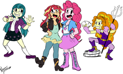 Size: 1280x768 | Tagged: safe, artist:nayaasebeleguii, adagio dazzle, juniper montage, pinkie pie, sunset shimmer, equestria girls, crossover, cuphead, cuphead (character), king dice, mugman, parody, studio mdhr, style emulation, the devil, trident