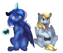 Size: 4000x3369 | Tagged: safe, artist:rue-willings, derpy hooves, princess luna, alicorn, pegasus, pony, controller, enjoying, female, floppy ears, magic, mare, open mouth, simple background, sitting, surprised, telekinesis, transparent background, underhoof, wide eyes