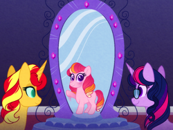 Size: 1024x768 | Tagged: safe, artist:carouselunique, sci-twi, sunset shimmer, twilight sparkle, oc, oc:honeycrisp blossom, series:sciset diary, equestria girls, magic mirror, parent:big macintosh, parent:princess cadance, parents:cadmac