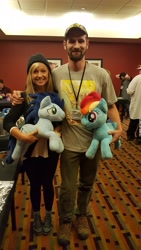 Size: 2988x5312 | Tagged: artist needed, safe, derpibooru import, derpy hooves, rainbow dash, soarin', twilight sparkle, human, pony, ashleigh ball, brony, irl, irl human, photo, plushie, ponyville ciderfest