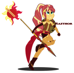 Size: 1861x1829 | Tagged: safe, artist:razthor, sunset shimmer, equestria girls, clothes, cosplay, costume, crossover, inkscape, javelin, pyrrha nikos, rwby, shield, simple background, solo, transparent background, vector, weapon