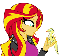 Size: 800x752 | Tagged: safe, artist:cbear624, ray, sunset shimmer, gecko, eqg summertime shorts, equestria girls, pet project, clothes, leopard gecko, looking at each other, simple background, smiling, tongue out, transparent background