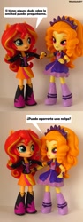 Size: 737x1965 | Tagged: safe, artist:whatthehell!?, edit, adagio dazzle, sunset shimmer, equestria girls, rainbow rocks, boots, clothes, doll, equestria girls minis, female, funny, irl, lesbian, merchandise, parody, photo, shipping, shoes, spanish, sunsagio, toy