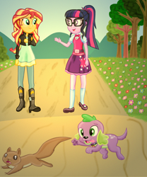 Size: 1600x1923 | Tagged: safe, artist:majkashinoda626, sci-twi, spike, spike the regular dog, sunset shimmer, twilight sparkle, dog, squirrel, equestria girls, belt, boots, bowtie, chase, clothes, flower, glasses, high heel boots, jacket, looking at each other, ponytail, shirt, shoes, skirt, smiling, socks, tree, vest