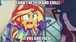 Size: 888x499 | Tagged: safe, screencap, sci-twi, sunset shimmer, twilight sparkle, pony, equestria girls, angry, exploitable meme, image macro, meme, squidbillies, sunset yells at twilight, vulgar