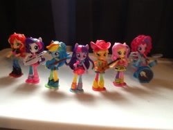 Size: 960x720 | Tagged: safe, applejack, fluttershy, pinkie pie, rainbow dash, rarity, sunset shimmer, twilight sparkle, equestria girls, rainbow rocks, band, bass guitar, doll, drums, equestria girls minis, guitar, irl, keytar, microphone, musical instrument, photo, rainbow rocks outfit, tambourine, toy