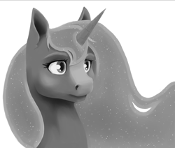 Size: 2000x1695 | Tagged: safe, artist:geomancing, princess luna, alicorn, pony, bust, grayscale, monochrome, portrait, simple background, solo