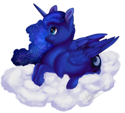 Size: 2034x1841 | Tagged: safe, artist:loladotz, princess luna, alicorn, pony, cloud, prone, simple background, smiling, solo, transparent background