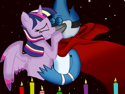 Size: 1024x775 | Tagged: safe, artist:kaiamurosesei, derpibooru import, twilight sparkle, twilight sparkle (alicorn), alicorn, pony, candle, crossover, crossover shipping, female, male, mare, mordecai, mordetwi, rainbow power, regular show, shipping, straight