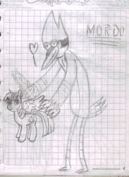 Size: 1235x1686 | Tagged: safe, artist:kaiamurosesei, derpibooru import, twilight sparkle, twilight sparkle (alicorn), alicorn, pony, crossover, crossover shipping, female, graph paper, mare, monochrome, mordecai, mordetwi, regular show, shipping, traditional art