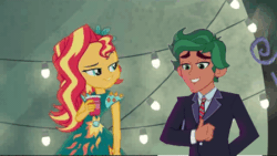Size: 448x253 | Tagged: safe, edit, screencap, sunset shimmer, timber spruce, equestria girls, legend of everfree, animated, cave, clothes, eyebrow wiggle, gif, this will end in firewood, timbershimmer