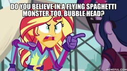 Size: 600x337 | Tagged: safe, screencap, sci-twi, sunset shimmer, twilight sparkle, equestria girls, friendship games, angry, exploitable meme, flying spaghetti monster, image macro, meme, south park, sunset yells at twilight