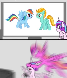 Size: 552x640 | Tagged: safe, artist:slamjam, edit, lightning dust, princess cadance, princess flurry heart, rainbow dash, alicorn, pegasus, pony, 1000 years in photoshop, bowser censor, covering eyes, exploitable meme, meme, radiant blur, television