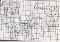 Size: 1432x1000 | Tagged: safe, artist:kaiamurosesei, derpibooru import, twilight sparkle, twilight sparkle (alicorn), alicorn, pony, female, graph paper, mare, monochrome, solo, spanish, traditional art, translated in the comments