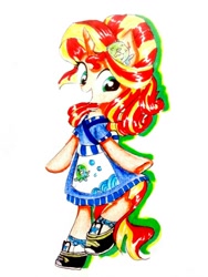 Size: 810x1080 | Tagged: safe, artist:liaaqila, sunset shimmer, pony, equestria girls, bipedal, clothes, converse, cute, female, looking at you, mare, shimmerbetes, shoes, simple background, smiling, sneakers, solo, sunset sushi, toy interpretation, traditional art, white background