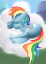 Size: 500x700 | Tagged: safe, artist:kdogfour, rainbow dash, pegasus, pony, blue coat, cloud, female, mare, multicolored mane, sleeping, solo