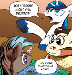 Size: 735x769 | Tagged: safe, artist:andypriceart, edit, editor:symphonic sync, idw, 8-bit (character), gizmo, shining armor, pony, unicorn, neigh anything, spoiler:comic, spoiler:comic11, comics, german, translated in the comments