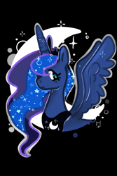 Size: 401x600 | Tagged: safe, artist:mikenlos, princess luna, alicorn, pony, black background, crescent moon, moon, simple background, solo