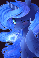 Size: 1024x1536 | Tagged: safe, artist:baldmoose, princess luna, alicorn, pony, female, heart, looking at you, magic, mare, missing accessory, one eye closed, solo, wink