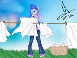 Size: 720x540 | Tagged: safe, artist:lacie-buncat, princess luna, vice principal luna, equestria girls, clothes, clothespin, female, laundry, open mouth, pants, signature, solo