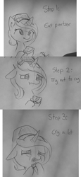 Size: 1280x2778 | Tagged: safe, artist:tjpones, princess cadance, alicorn, pony, unicorn, comic, crying, eating, food, grayscale, hoof hold, lineart, meme, monochrome, peetzer, pizza, princess sadance, sad, solo, traditional art, try not to cry