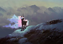 Size: 4961x3508 | Tagged: safe, artist:quiet-victories, princess luna, alicorn, pony, absurd resolution, cloud, flower, folded wings, mountain, scenery, solo, standing