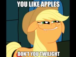 Size: 480x360 | Tagged: safe, derpibooru import, applejack, twilight sparkle, earth pony, pony, image macro, just one bite, meme, spongebob squarepants