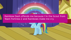 Size: 500x281 | Tagged: safe, edit, edited screencap, screencap, rainbow dash, pegasus, pony, boast busters, meta, offensive ponies, rainbows make me cry, scout, team fortress 2, text