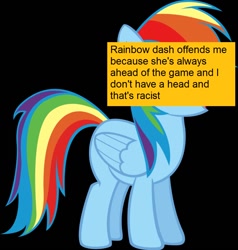 Size: 870x914 | Tagged: safe, rainbow dash, pegasus, pony, blue coat, female, mare, meta, multicolored mane, offensive ponies, solo, text