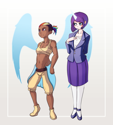 Size: 950x1050 | Tagged: safe, artist:fore-trekker, rainbow dash, rarity, belly button, clothes, dark skin, horned humanization, humanized, midriff, sports bra, suit, winged humanization