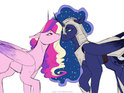 Size: 1280x962 | Tagged: safe, artist:spartalabouche, princess cadance, princess luna, alicorn, pony, armor, boop, female, infidelity, lesbian, lundance, mare, noseboop, shipping, simple background, white background