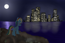 Size: 1920x1280 | Tagged: safe, artist:nitramcz, rainbow dash, pegasus, pony, city, cityscape, moon, river, sad, solo