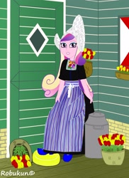 Size: 2550x3500 | Tagged: safe, artist:robukun, dean cadance, princess cadance, equestria girls, apron, basket, cheese, clogs, clothes, dutch, dutch cap, food, hat, solo, tulip