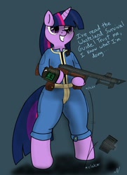 Size: 290x400 | Tagged: safe, artist:nuka-kitty, derpibooru import, twilight sparkle, pony, semi-anthro, bipedal, blatant lies, clumsy, crossover, fallout, funny, gun, hoof hold, pipboy, shotgun, solo, this will end in tears, vault suit, weapon