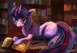 Size: 1280x886 | Tagged: safe, artist:cherivinca, derpibooru import, twilight sparkle, book, library, reading, solo