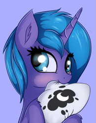 Size: 675x867 | Tagged: safe, artist:twiren, princess luna, alicorn, pony, blushing, cute, female, looking back, lunabetes, mare, pillow, s1 luna, solo