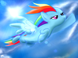 Size: 4096x3071 | Tagged: safe, artist:privia, rainbow dash, pegasus, pony, blue coat, female, flying, mare, multicolored mane, solo