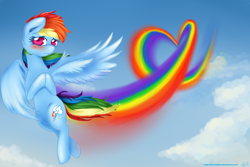 Size: 1800x1200 | Tagged: safe, artist:kitsunehino, rainbow dash, pegasus, pony, blue coat, female, heart, mare, multicolored mane