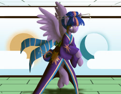 Size: 1024x791 | Tagged: safe, artist:mirrorandimage, derpibooru import, twilight sparkle, twilight sparkle (alicorn), alicorn, pony, bipedal, clothes, female, kimono (clothing), mare, moon, solo, sun