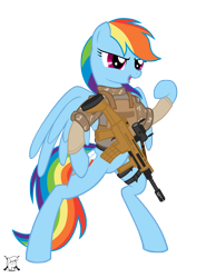 Size: 2532x3264 | Tagged: safe, artist:shadawg, rainbow dash, pegasus, pony, body armor, fn scar, gun, military, rifle, simple background, solo, transparent background, vector, weapon