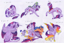 Size: 6600x4464 | Tagged: safe, artist:dawn22eagle, derpibooru import, flash sentry, twilight sparkle, twilight sparkle (alicorn), unicorn twilight, oc, oc:evening tune, oc:morning star, alicorn, classical unicorn, dragon, pony, unicorn, absurd resolution, colored hooves, colored wings, colored wingtips, dragons riding ponies, egg, female, flashlight, future, horn ring, immortality blues, leonine tail, male, multicolored wings, next generation, offspring, parent:flash sentry, parent:twilight sparkle, parents:flashlight, realistic horse legs, riding, shipping, spike's egg, straight, tail feathers, traditional art