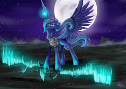 Size: 3496x2480 | Tagged: safe, artist:moon-wing, princess luna, alicorn, pony, armor, crying, fissure, floppy ears, magic, moon, night, s1 luna, solo, spread wings, stars, wings