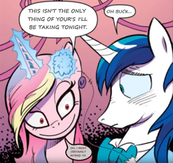 Size: 818x772 | Tagged: safe, artist:andypriceart, edit, editor:symphonic sync, idw, princess cadance, shining armor, alicorn, pony, unicorn, neigh anything, spoiler:comic12, comics, female, male, princess creepance, princess yandance, shiningcadance, shipping, straight, yandere